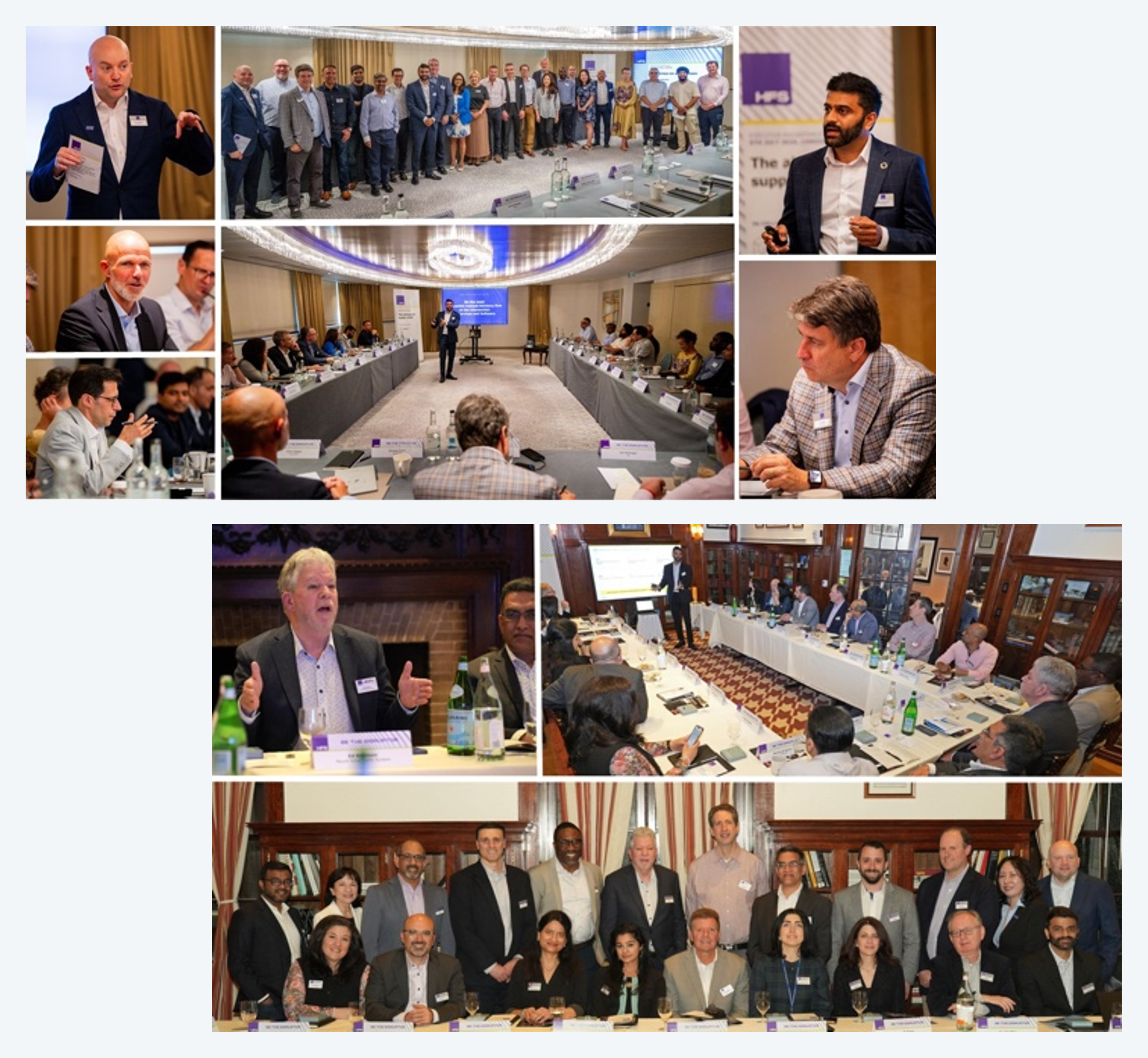 Photo collage of senior supply chain leaders debating the always-on agenda at the two HFS-Genpact executive roundtables, New York on the left and London on the right. The images show speakers presenting to seated participants around conference tables and group portraits of attendees, illustrating the more than 30 senior supply chain, operations, digital, and data leaders who pressure-tested the survey findings across the two events. Source: Genpact and HFS Research, 2026.