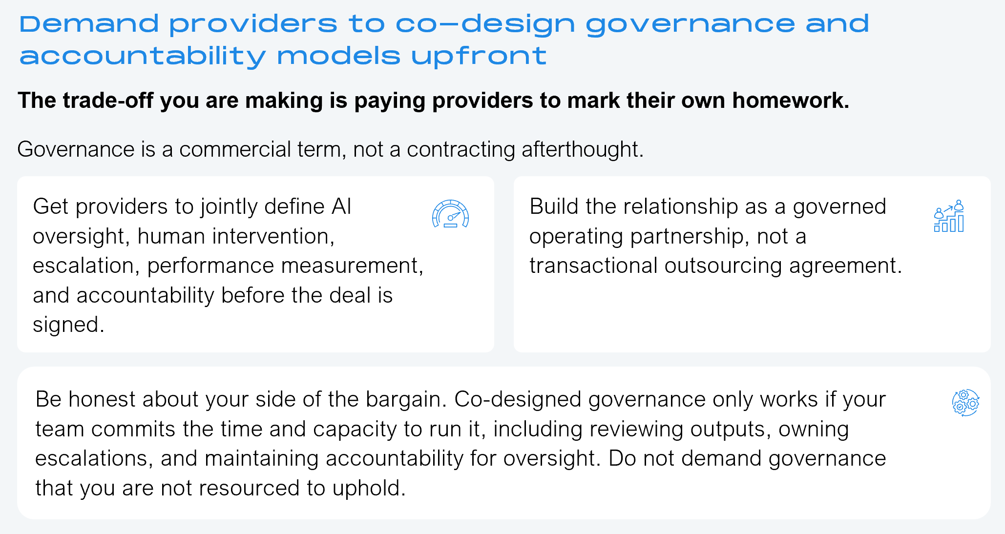 Three-panel framework graphic. Trade-off statement: the trade-off you are making is paying providers to mark their own homework. Framing text: governance is a commercial term, not a contracting afterthought. Panel 1: get providers to jointly define AI oversight, human intervention, escalation, performance measurement, and accountability before the deal is signed. Panel 2: build the relationship as a governed operating partnership, not a transactional outsourcing agreement. Panel 3 (full-width): be honest about your side of the bargain, since co-designed governance only works if your team commits the time and capacity to run it, including reviewing outputs, owning escalations, and maintaining accountability for oversight; do not demand governance you are not resourced to uphold. Source: HFS Research, 2026.