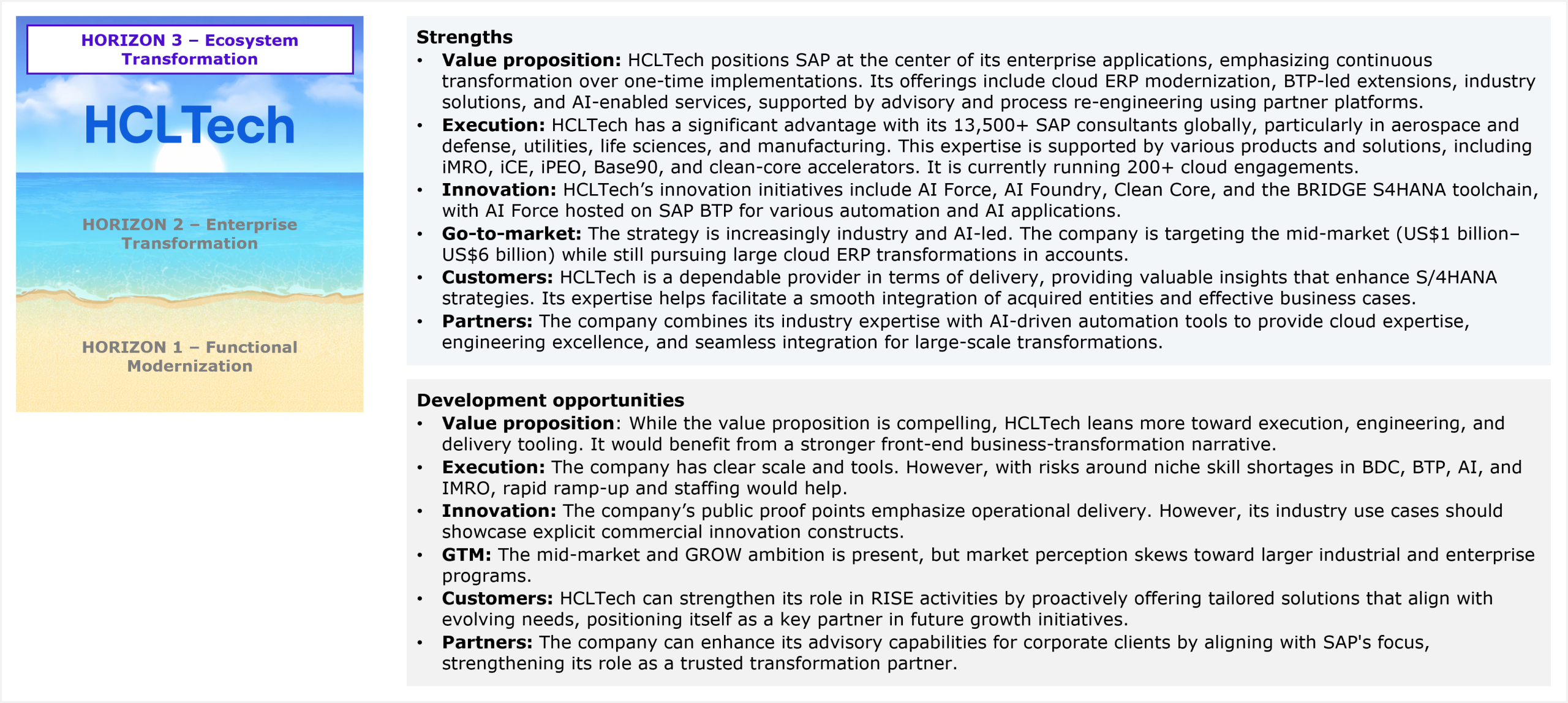 A two-section qualitative assessment panel beneath an HCLTech Horizon 3 placement badge. The Strengths section covers six dimensions: value proposition (SAP positioned at the center of enterprise applications with continuous transformation emphasis; offerings span cloud ERP modernization, BTP-led extensions, industry solutions, AI-enabled services, and advisory and process re-engineering via partner platforms), execution (13,500+ SAP consultants globally with particular strength in aerospace and defense, utilities, life sciences, and manufacturing; supported by iMRO, iCE, iPEO, Base90, and clean-core accelerators; currently running 200+ cloud engagements), innovation (AI Force, AI Foundry, Clean Core, and BRIDGE S4HANA toolchain, with AI Force hosted on SAP BTP for automation and AI applications), go-to-market (increasingly industry and AI-led; targeting mid-market clients in the US$1 billion to US$6 billion range while also pursuing large cloud ERP transformation accounts), customers (dependable delivery provider that facilitates smooth integration of acquired entities and effective business case development for S/4HANA strategies), and partners (combines industry expertise with AI-driven automation tools for cloud expertise, engineering excellence, and seamless integration in large-scale transformations). The Development opportunities section covers six dimensions: value proposition (compelling but execution-heavy; would benefit from a stronger front-end business-transformation narrative), execution (niche skill shortages in BDC, BTP, AI, and IMRO create risks around rapid ramp-up and staffing), innovation (public proof points emphasize operational delivery; industry use cases need to showcase explicit commercial innovation constructs), GTM (mid-market and GROW ambition is present but market perception skews toward larger industrial and enterprise programs), customers (opportunity to strengthen role in RISE activities by proactively offering tailored solutions aligned to evolving client needs), and partners (opportunity to enhance advisory capabilities for corporate clients by more closely aligning with SAP's strategic focus). Source: HFS Research, 2026.