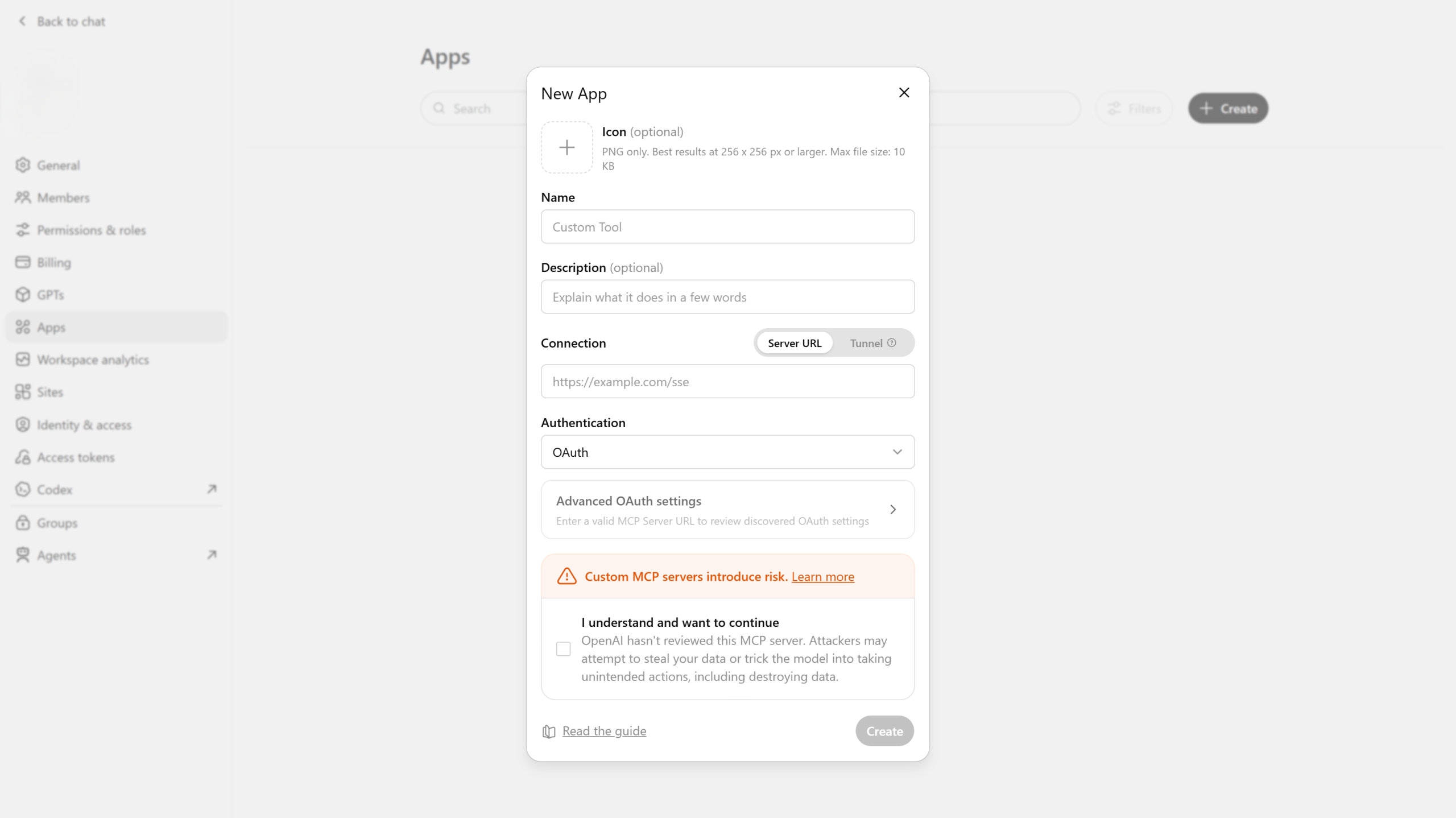 ChatGPT New App dialog showing Name, Connection URL, and OAuth authentication fields
