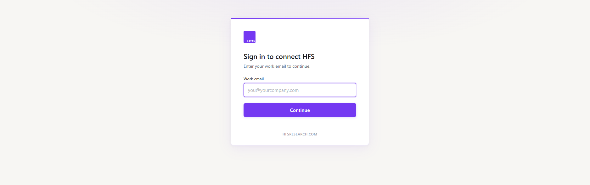 HFS Research OAuth sign-in page at dev.hfsresearch.com with email field