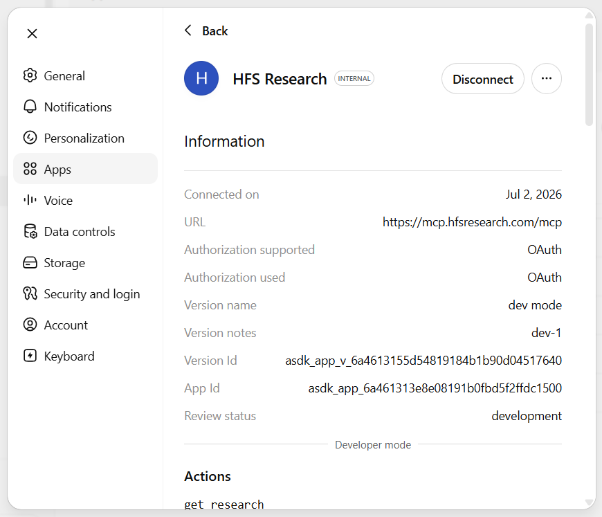 ChatGPT HFS-Research app connected with URL and available actions