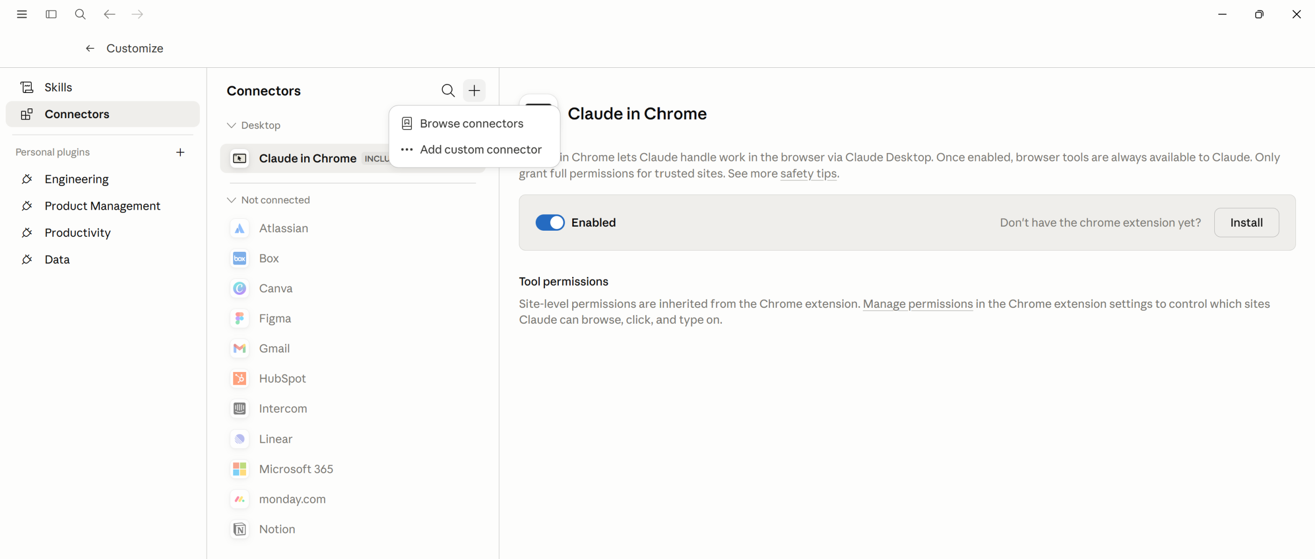 Claude Connectors panel with the + dropdown menu open showing Add custom connector