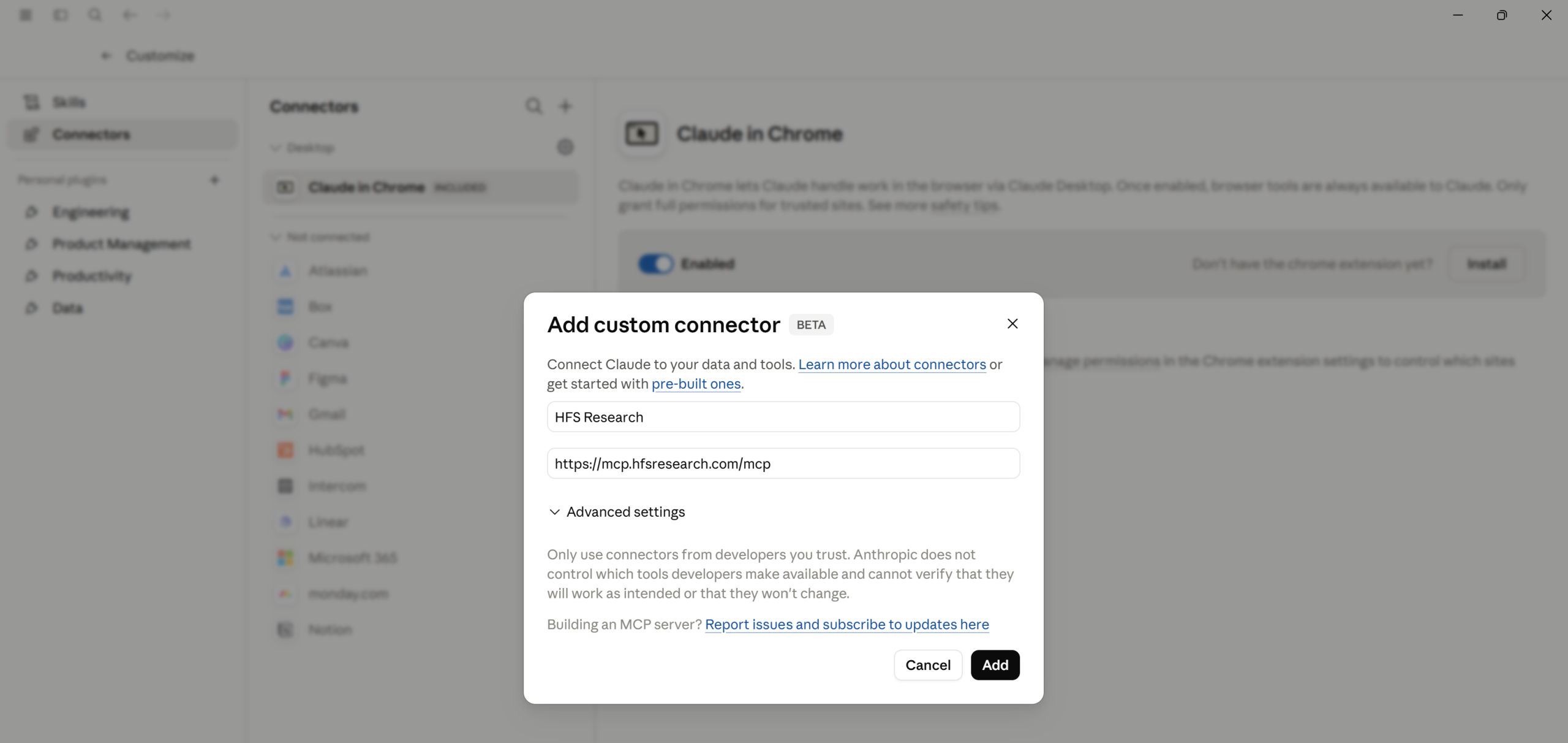 Add custom connector dialog with Name=HFS Research and URL=https://mcp.hfsresearch.com/mcp filled in