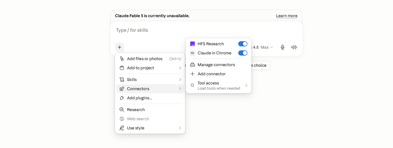 Claude composer plus menu opened to Connectors showing the HFS Research toggle switched on