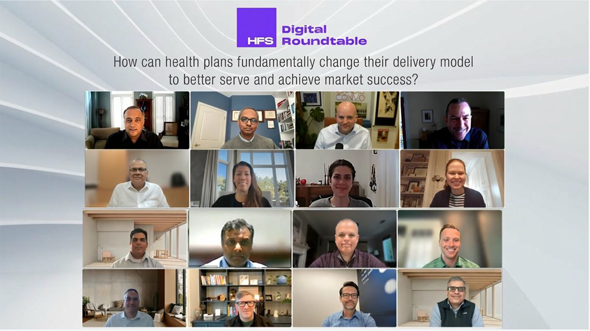 Composite image of an HFS Digital Roundtable video session titled "How can health plans fundamentally change their delivery model to better serve and achieve market success?" The grid shows 16 panel participants from health plan technology and operations leadership, convened by HFS Research in collaboration with Sagility. Source: HFS Research, 2026.