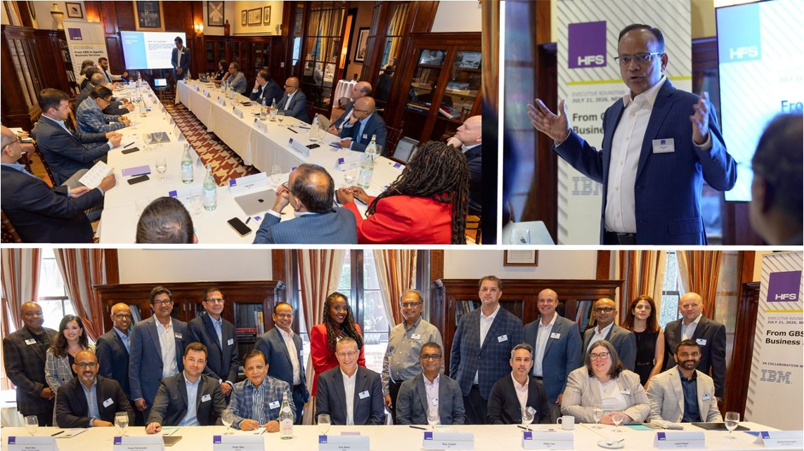 Three-panel photograph collage from the HFS executive roundtable held with IBM in New York on July 21, 2026. The top left panel shows roughly 20 senior operations, finance, and transformation leaders seated around a long table in a wood-paneled room while a presenter speaks to a screen. The top right panel shows HFS President Saurabh Gupta presenting in front of a branded roundtable banner reading "From GBS to Agentic Business Services" alongside the HFS and IBM logos. The bottom panel shows the full group of approximately 25 delegates assembled for a seated and standing group portrait in front of the same banner. Source: HFS Research and IBM, 2026.